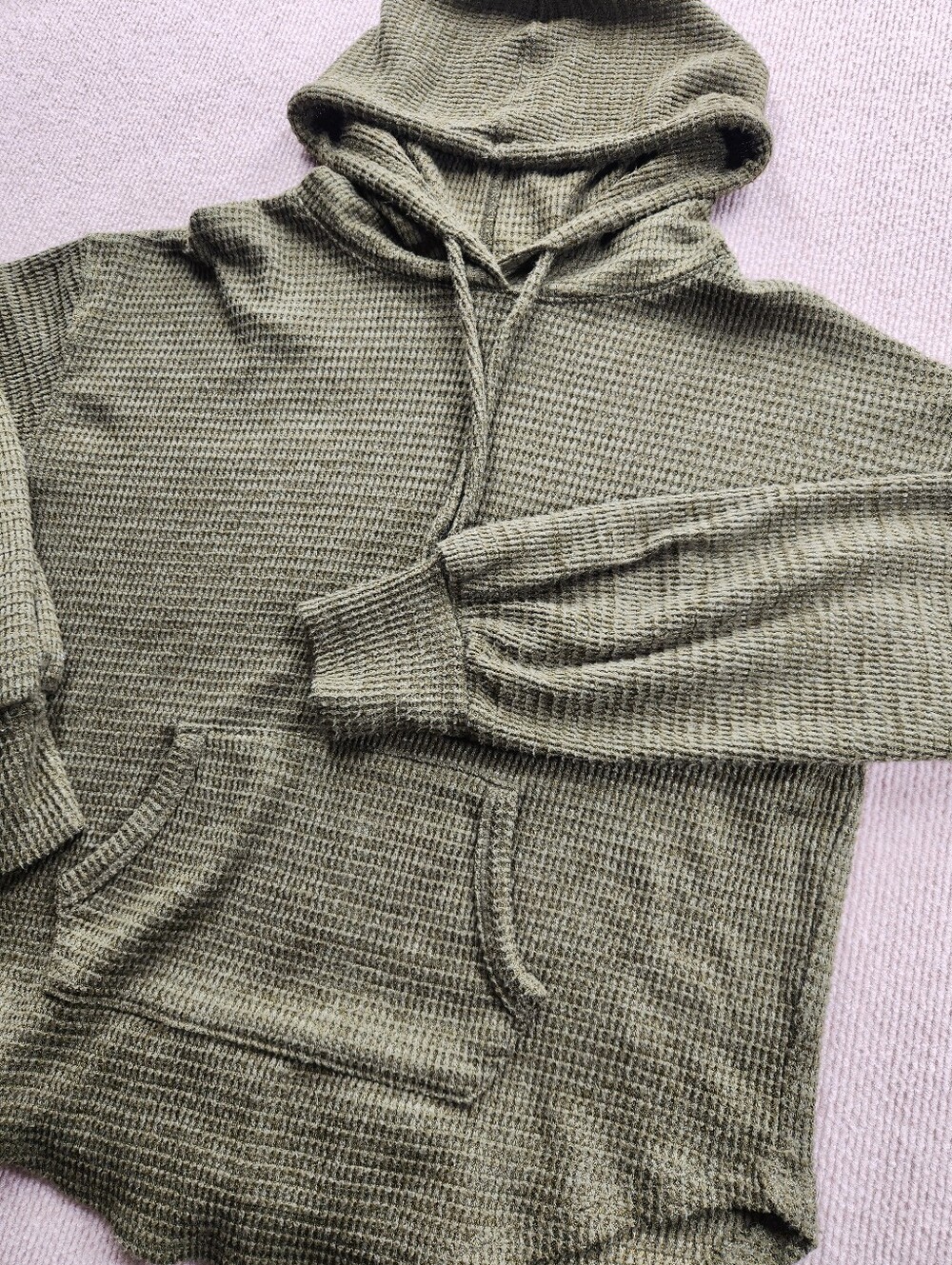SO Goods for Life Green Waffle Knit Pullover Hoodie Women's M Pockets Drawstring